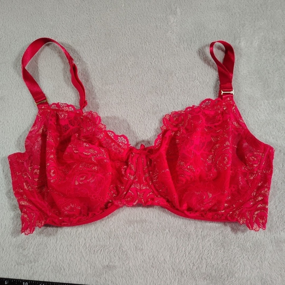 Cacique French Full Coverage Bra Ladies 40DDD Red/Gold Lace Sheer No Padding